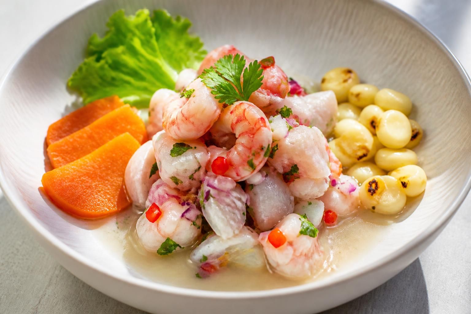 savourez un ceviche péruvien authentique à la daurade et crevettes, délicatement mariné dans une leche de tigre citronnée et épicée. une explosion de saveurs fraîches et exotiques à découvrir absolument.