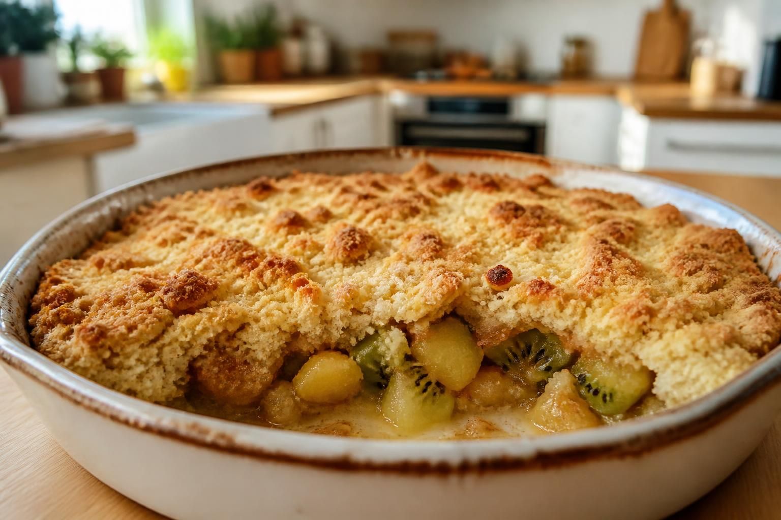 découvrez notre recette facile et gourmande de crumble maison aux pommes et kiwis, un dessert délicieux à préparer et à savourer en toute simplicité.