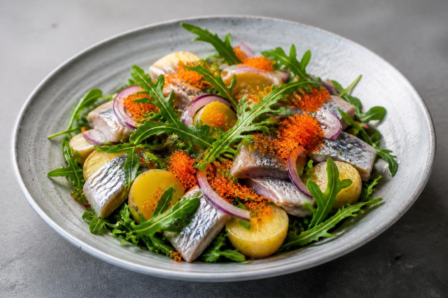 découvrez une salade gourmande alliant hareng savoureux, pommes de terre fondantes et tobiko au yuzu, pour une expérience culinaire raffinée et pleine de fraîcheur.