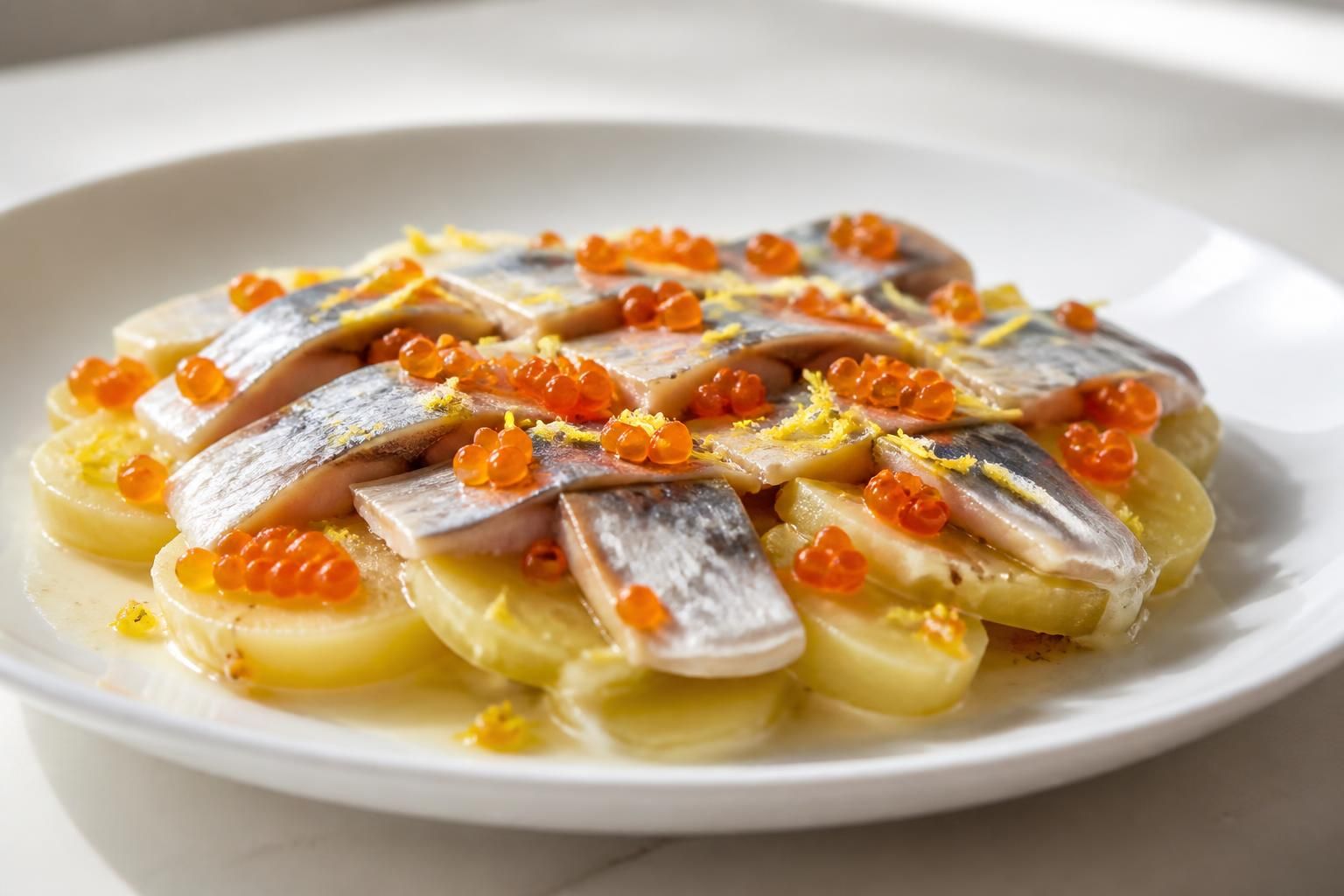 découvrez notre salade gourmande alliant hareng, pommes de terre et tobiko au yuzu, pour une explosion de saveurs raffinées et délicates en bouche.