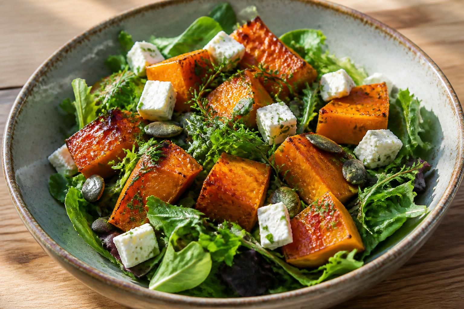 découvrez notre recette facile et savoureuse de salade gourmande avec du potimarron rôti et de la feta, parfaite pour un repas sain et délicieux.