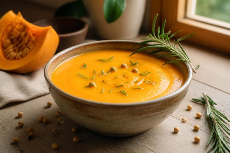 découvrez notre recette facile de soupe citrouille, soja et romarin, un plat savoureux et réconfortant parfait pour réchauffer vos repas automnaux.