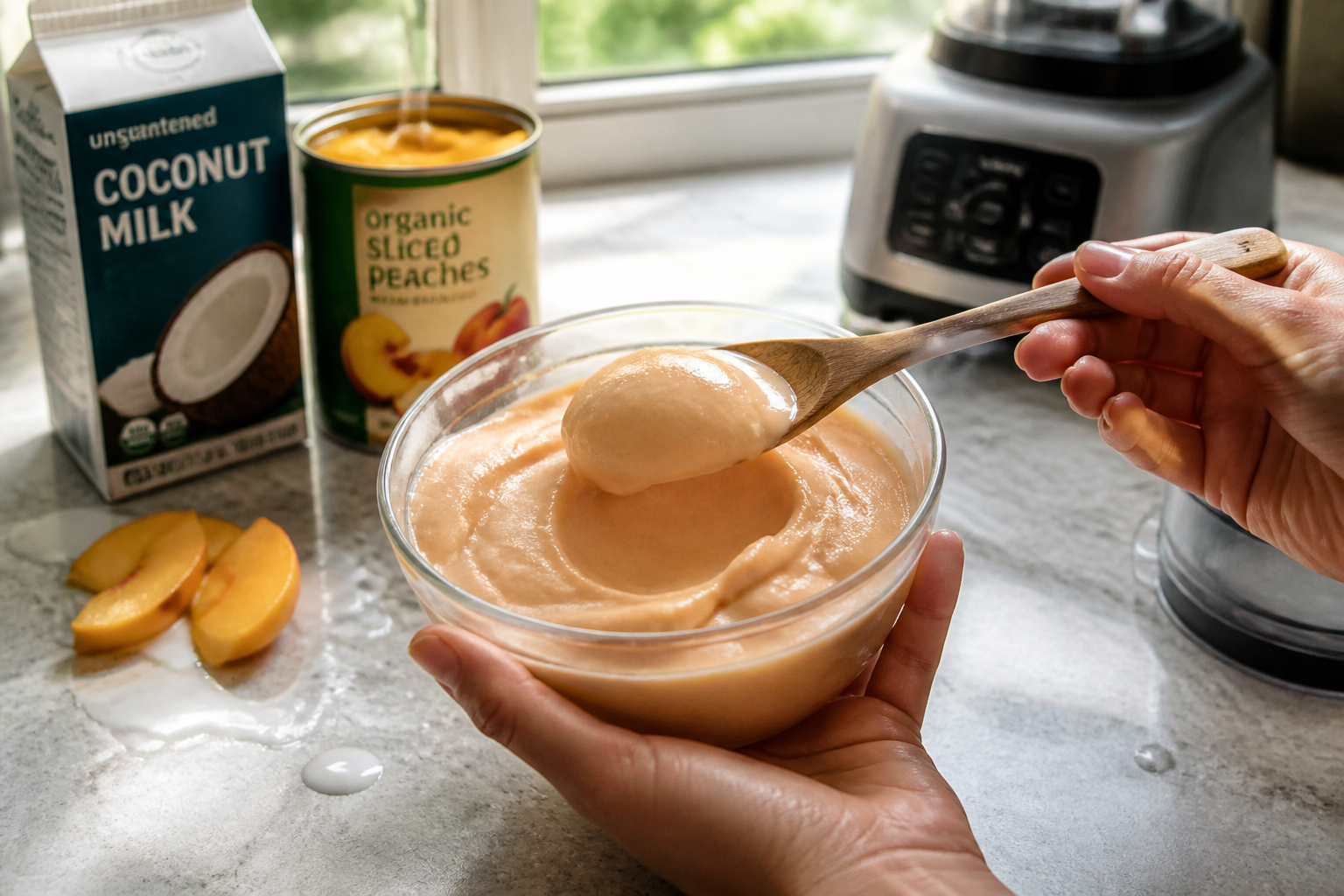 Sorbet express lait de coco-pêches : 3 ingrédients suffisent