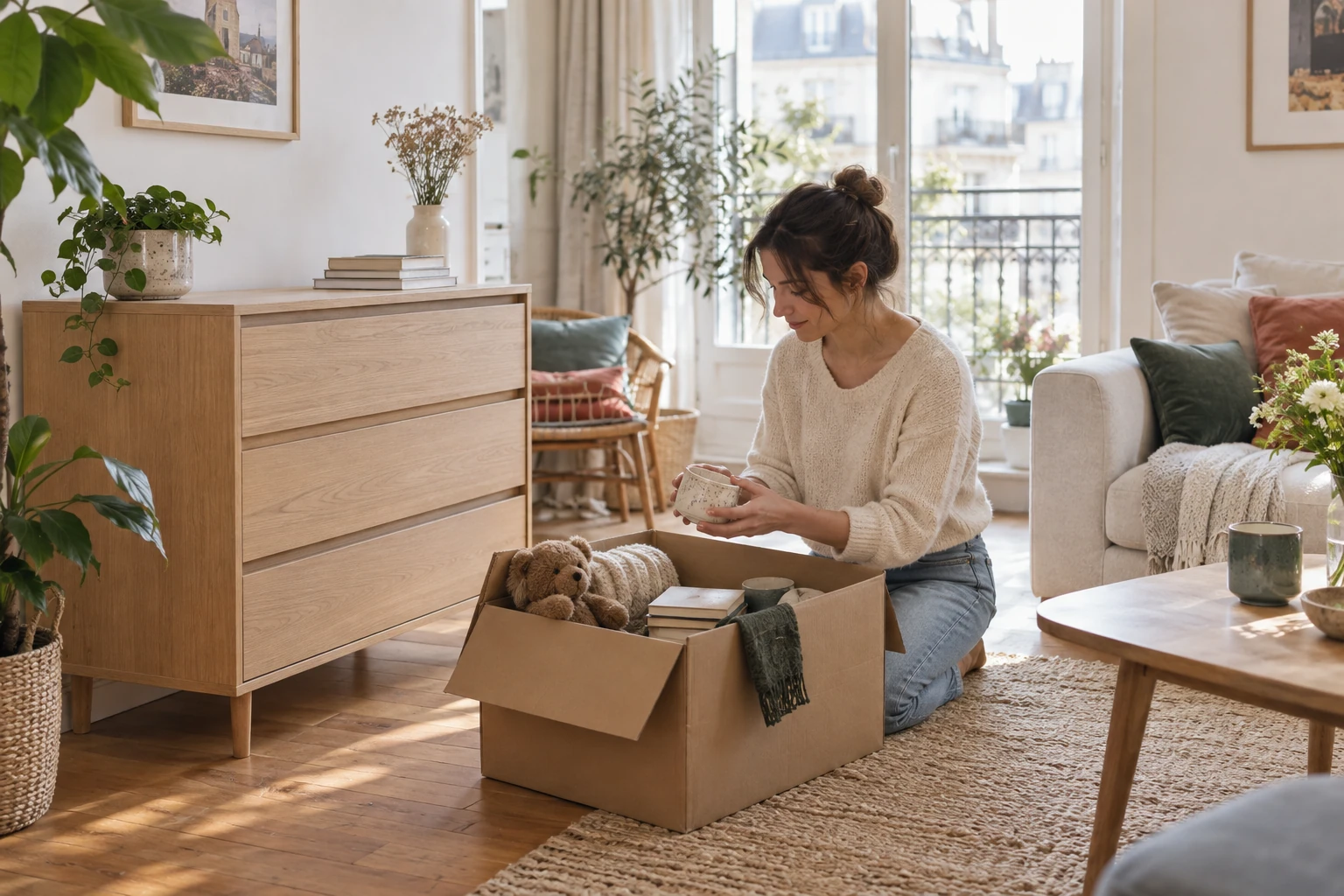 Femme rangeant objets dans un carton, peluche visible, salon lumineux et épuré