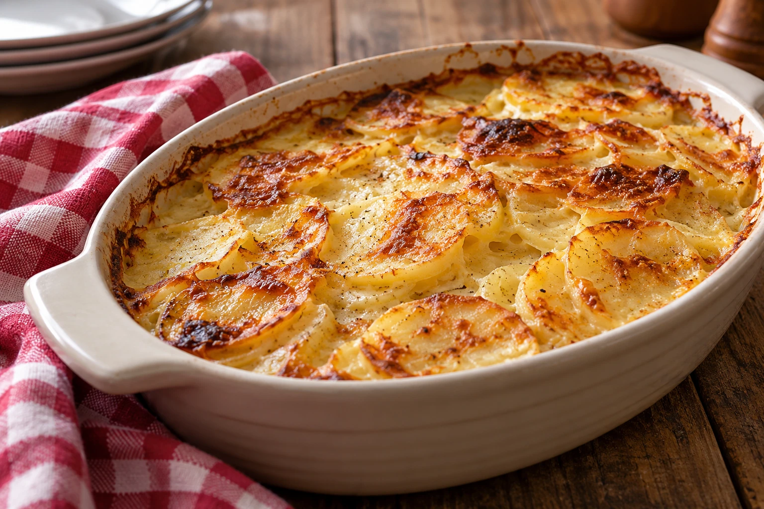 Gratin dauphinois doré dans plat blanc sur table en bois, serviette à carreaux