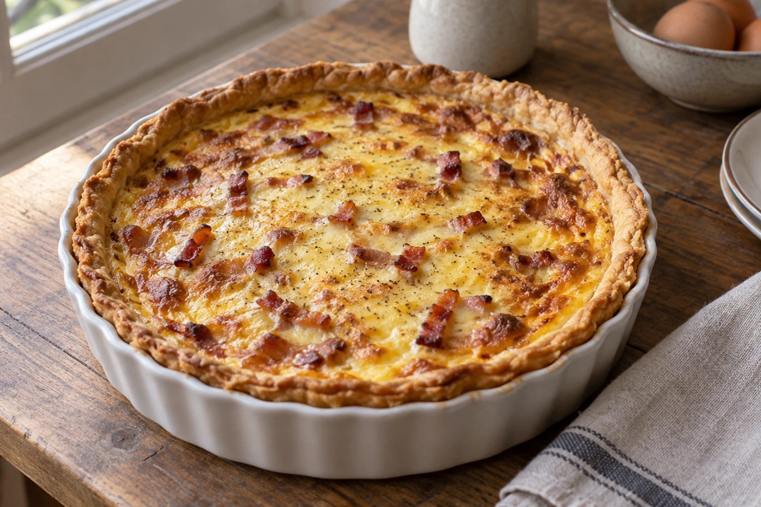 Quiche lorraine dorée dans un plat à tarte, lardons visibles, table en bois