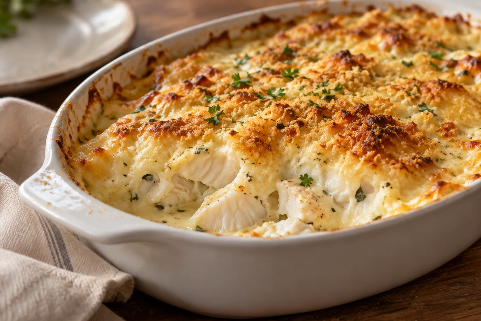 Gratin de poisson à la béchamel doré, morceaux de cabillaud visibles, persil frais