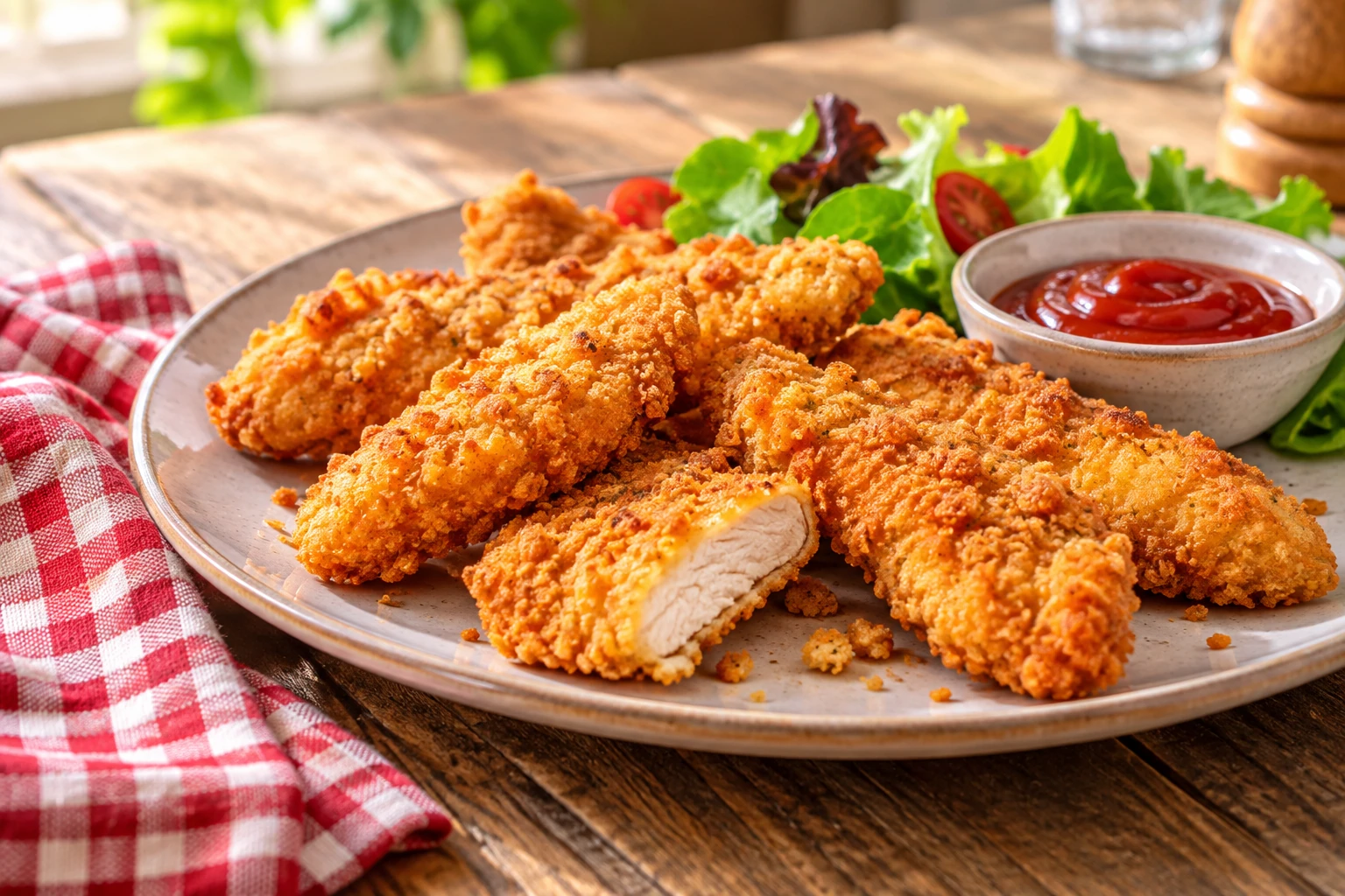 Assiette de tenders de poulet croustillants avec salade verte et sauce tomate