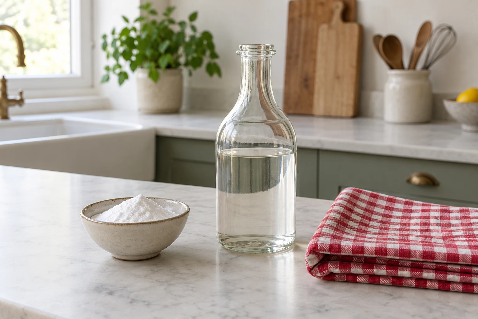 Bouteille de vinaigre et bol de bicarbonate sur plan de travail de cuisine